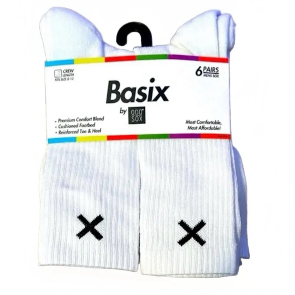 BASIX BY ODD SOX athletic Cushioned Crew Socks 6 Pairs tall white Black X logo